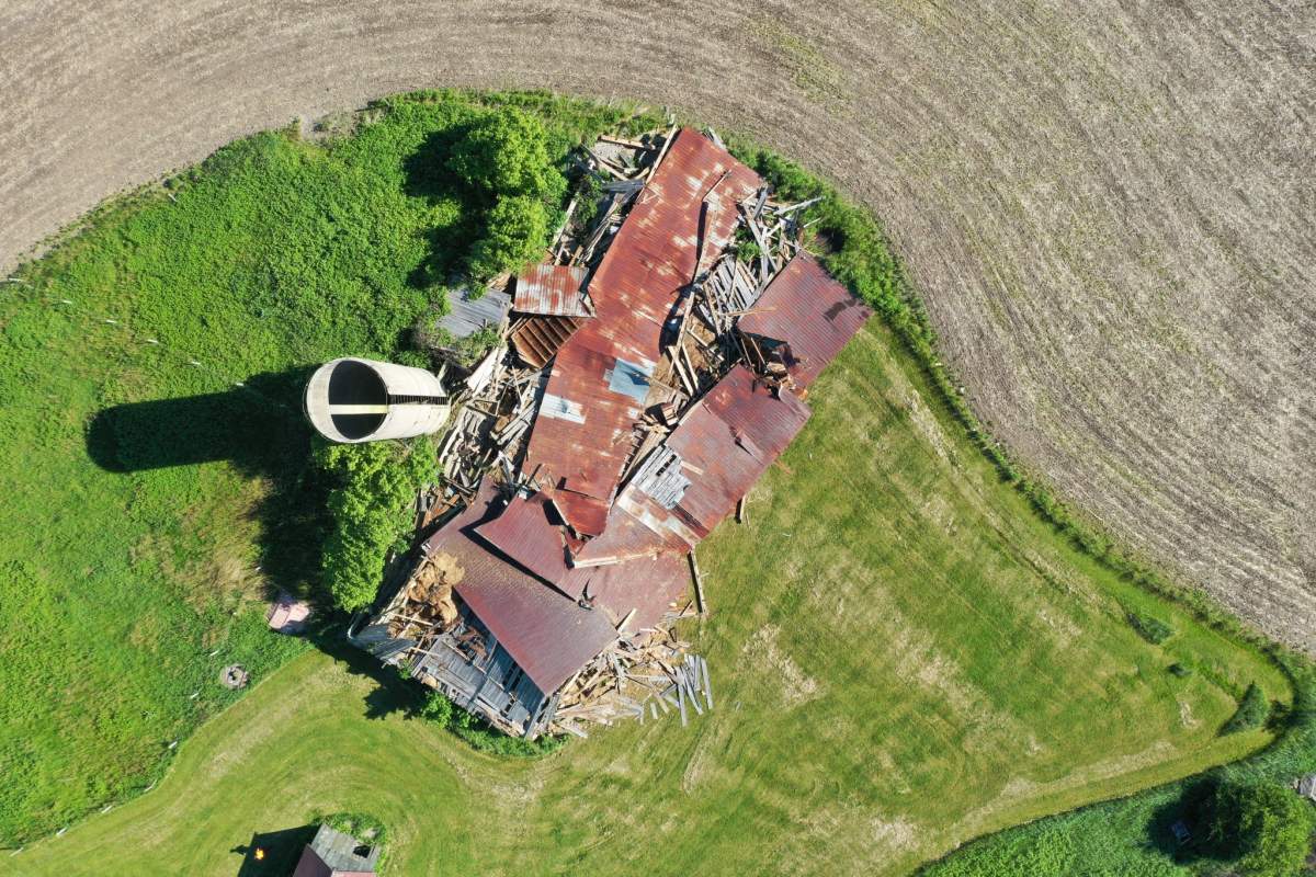 A barn near Glencoe, Ont. is seen collapsed after an EF0 tornado touched down in the area on the evening of June 10, 2020.