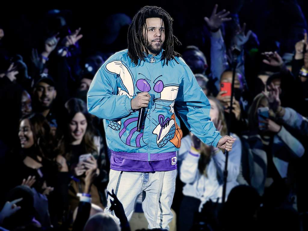 J. Cole performs at halftime during an NBA all-star basketball game on Feb. 17, 2019 in Charlotte, N.C.