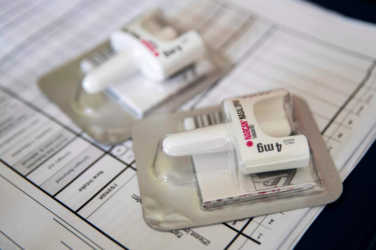 This July 3, 2018 file photo shows a Narcan nasal device which delivers naloxone in the Brooklyn borough of New York. On Tuesday, Aug. 6, 2019, health officials reported that prescriptions of the overdose-reversing drug naloxone are soaring, and experts say that could be a reason overdose deaths have stopped rising for the first time in nearly three decades. 