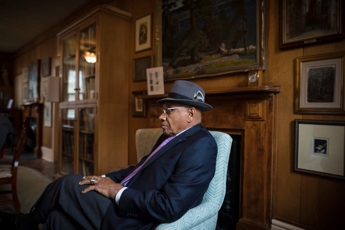 Willie O'Ree, poses for a photo during an interview in Toronto on Wednesday, May 1, 2019. 
