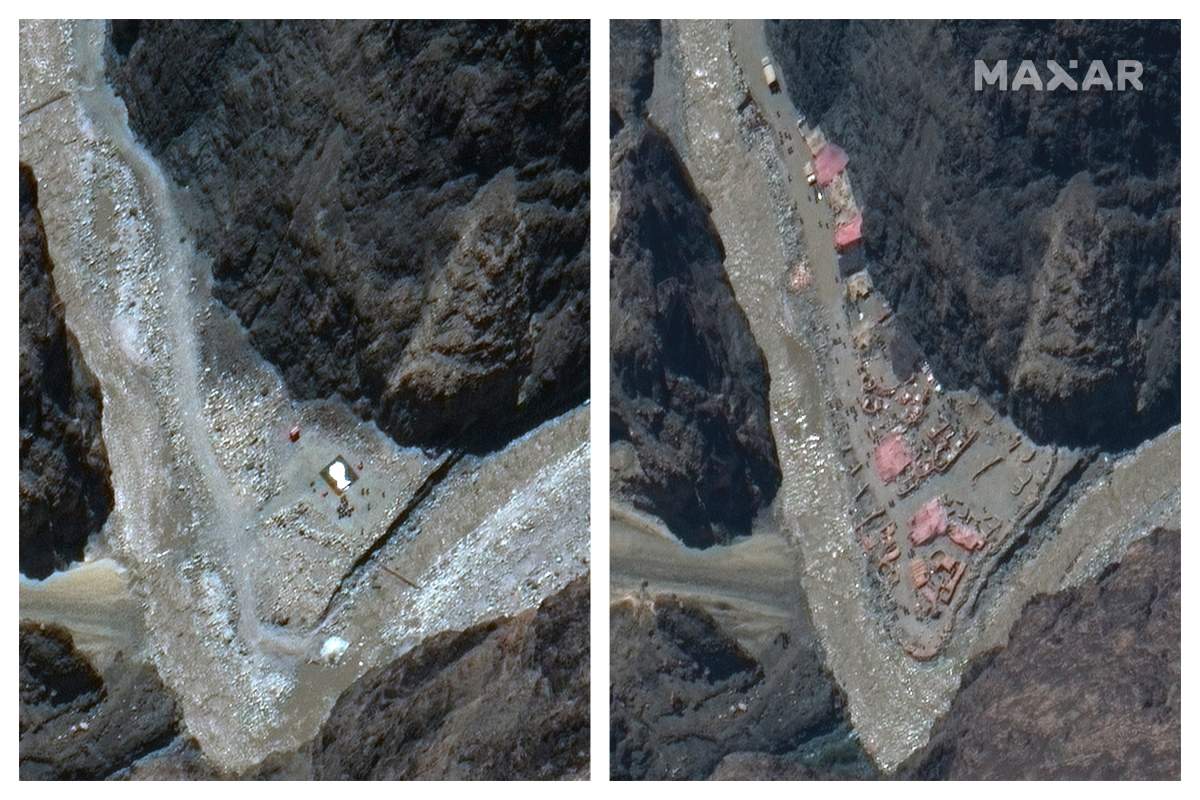 This combination of May 22, 2020, left, and June 23 satellite images provided by Maxar Technologies shows construction in the Galwan river valley near the disputed border known as the Line of Actual Control between India and China. 