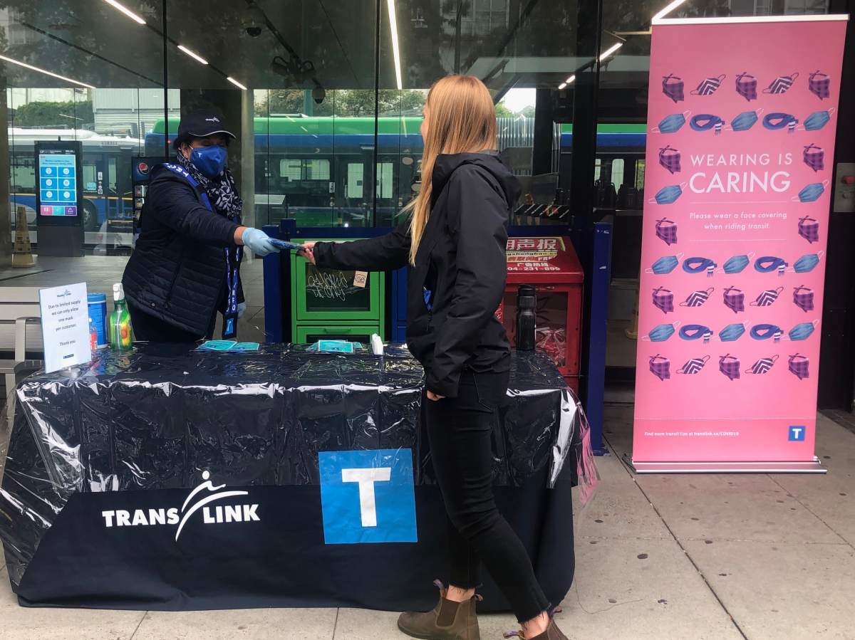 TransLink is asking everyone to wear a face covering or non-medical mask while riding on transit.