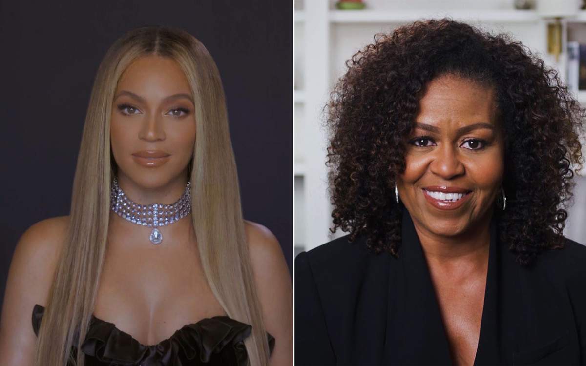 (L-R) Beyoncé and Michelle Obama are seen during the 2020 BET Awards.