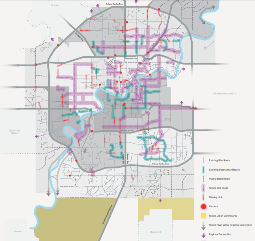 A map showing current bike lanes in Edmonton, as well as lanes that have been pinpointed as needing upgrades or expansions.