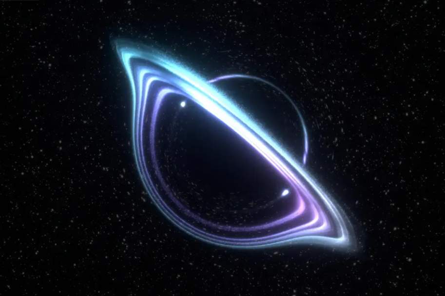 Artistic rendering of the GW190814 event, in which a smaller compact object is swallowed by a nine-times-more-massive black-hole. 