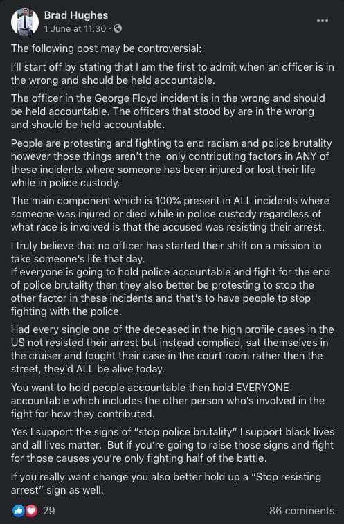 Kingston police have confirmed that this post published by one of their officers, Det. Brad Hughes, has launched an internal investigation.