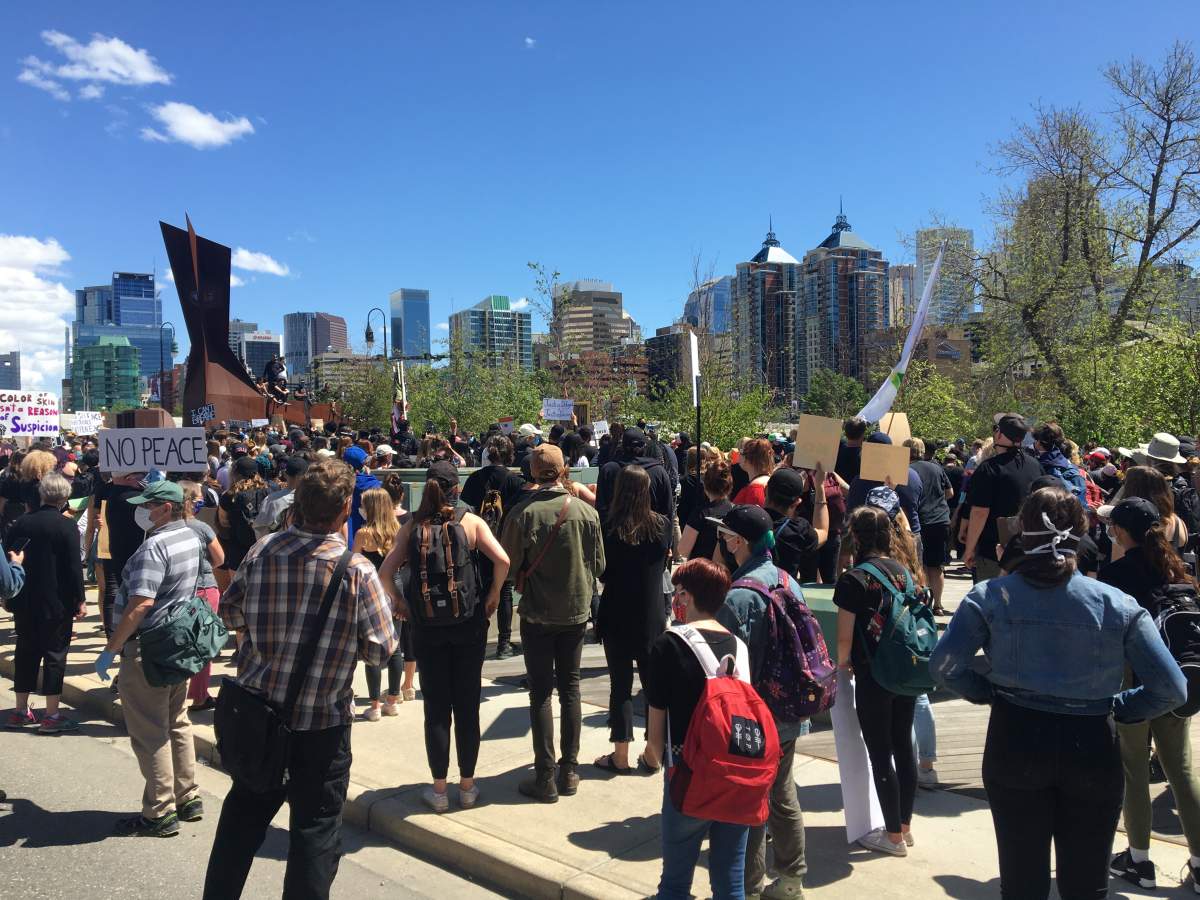 Protesters gather in Calgary to rally against police violence and racism on Wednesday, June 3.