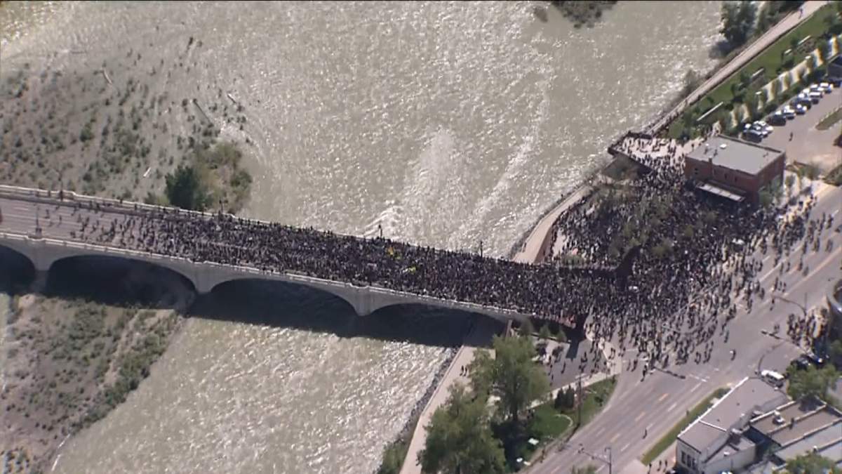 Protesters march through Calgary in an anti-police violence and anti-racism protest on Wednesday, June 3.