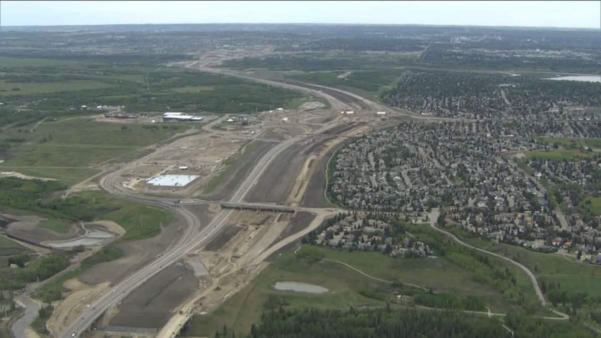 An aerial view of the construction of the Calgary ring road.