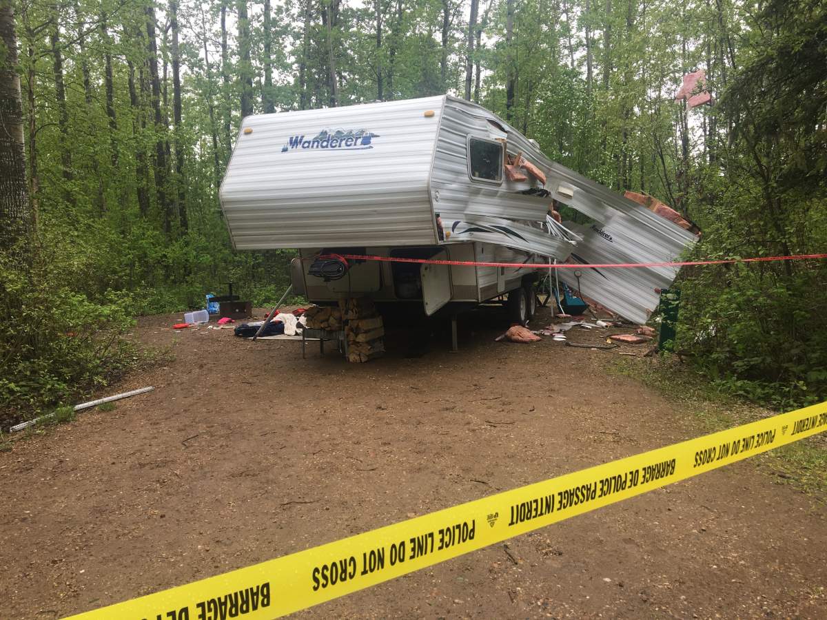 A family of six was taken to hospital on Monday, June 8, 2020, following a camper explosion at a campground near Slave Lake, Alta.