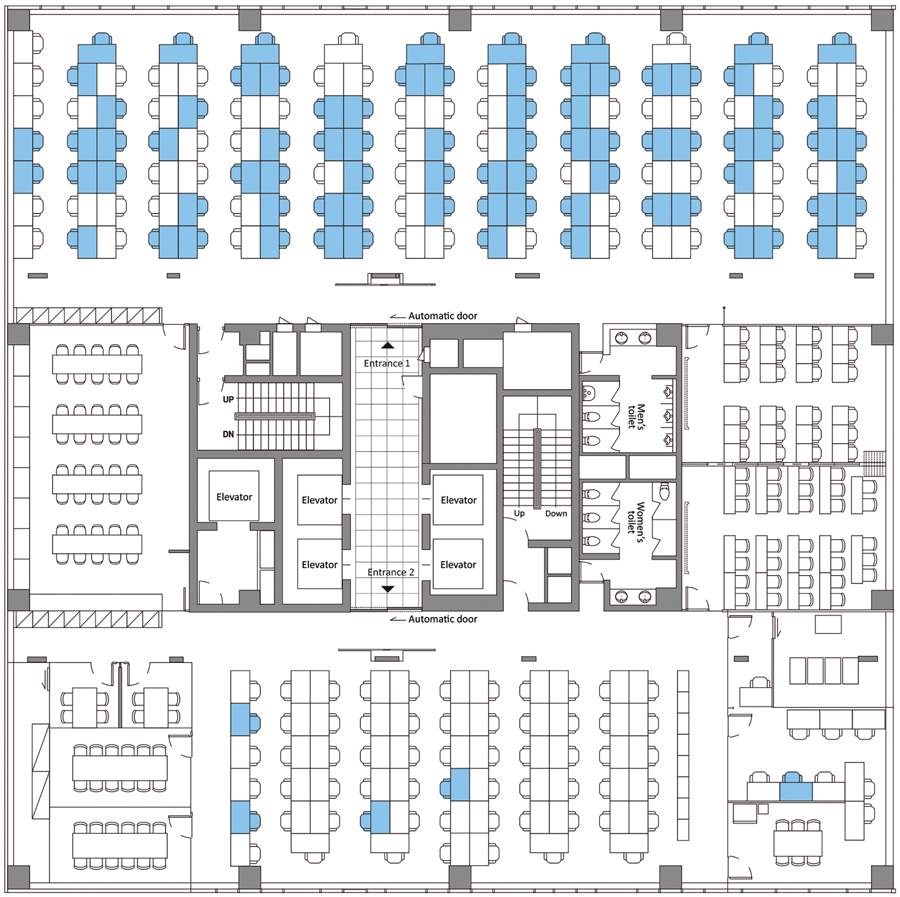 Floor plan of the 11th floor of Building X, site of a coronavirus disease outbreak, Seoul, South Korea, 2020. Blue colouring indicates the seating places of persons with confirmed cases. Park SY, Kim YM, Yi S, Lee S, Na BJ, Kim CB, et al. Coronavirus disease outbreak in call centre, South Korea. Emerg Infect Dis. 2020 Aug [June 18, 2020].