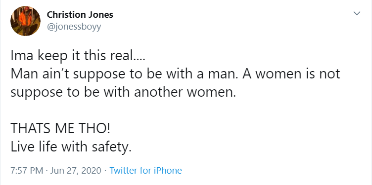 Edmonton Eskimos kick returning Christion Jones sent out a tweet against gay relationships on Saturday, June 27, 2020.