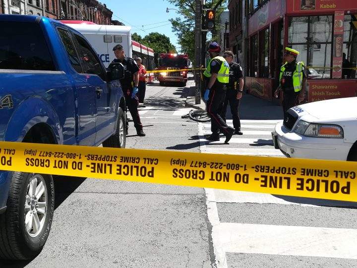 The scene of the collision in Toronto Saturday morning. A woman in her 50s was taken to a trauma centre with serious injuries.