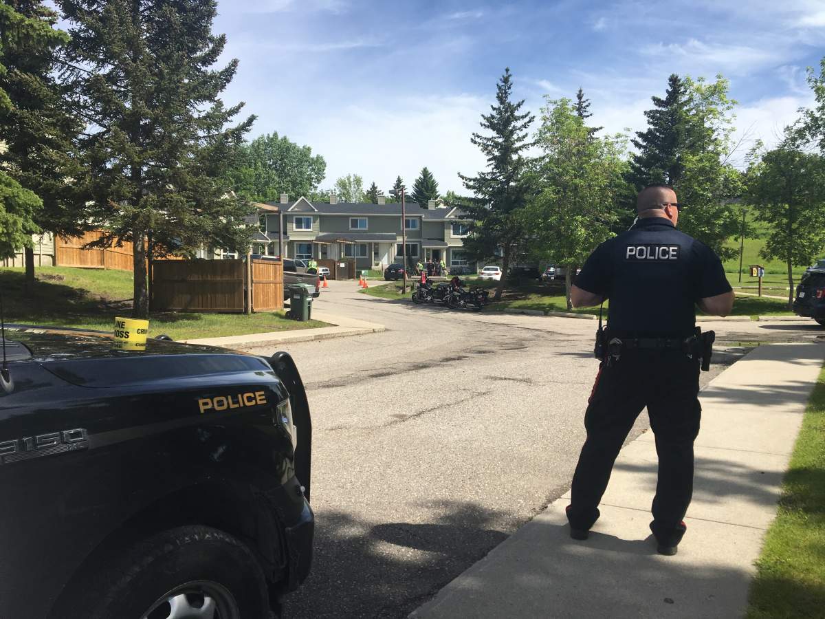 Calgary police on the scene of a hit-and-run collision that sent a toddler to hospital in Deer Run on Monday, June 22.