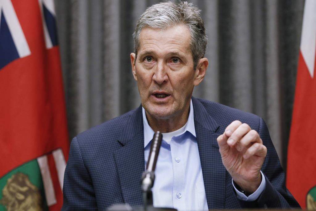 Manitoba Premier Brian Pallister speaks and answers questions during a COVID-19 press conference at the Manitoba legislature in Winnipeg Thursday, March 26, 2020. THE CANADIAN PRESS/John Woods.