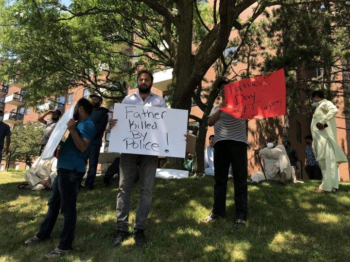 People protest the fatal police-involved shooting of 62-year-old Ejaz Choudry.