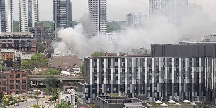A photo of the fire at Queen and Sumach streets in Toronto on June 2, 2020.