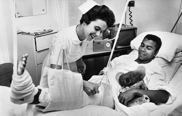 Having his leg cast autographed by nurse Elain Janz is Harry Jerome, co-holder of the World’s 100-yard and 100-meter dash records. He tore a leg muscle recently at the British Empire Games in Perth, Australia. Jerome is expected to remain in the hospital for another week.(Photo by Bettmann Archive/Getty Images)