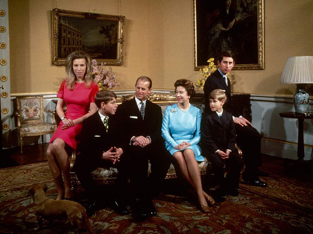 Princess Anne, Prince Andrew, Prince Philip, Queen Elizabeth, Prince Edward and Prince Charles at Buckingham Palace in 1972.