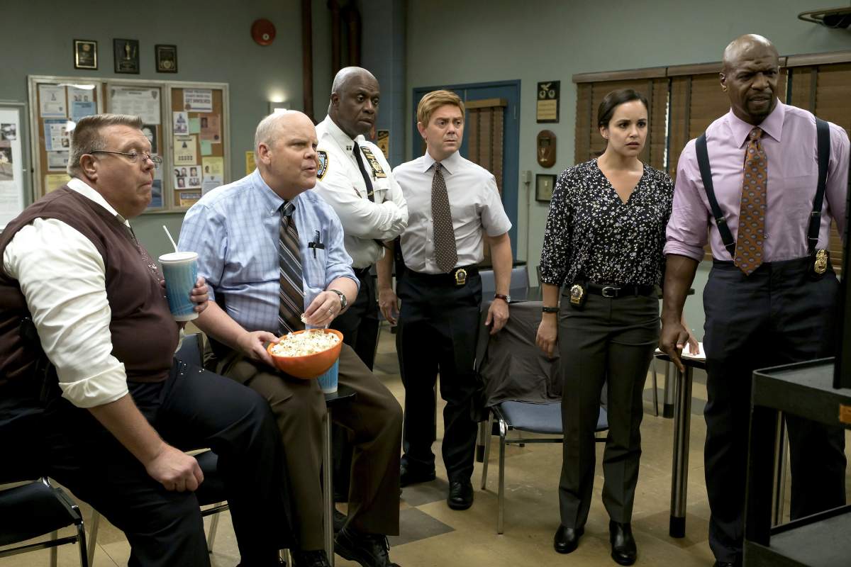 L-R: Joel McKinnon Miller, Dirk Blocker, Andre Braugher, Joe Lo Truglio, Melissa Fumero and Terry Crews in the 'The Big House Pt.2' episode of 'Brooklyn Nine-Nine.' .