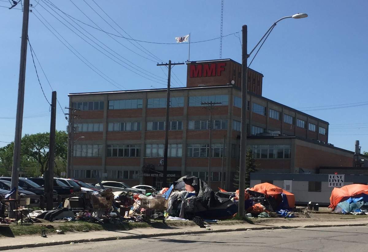 A homeless camp outside of the Manitoba Metis Federation headquarters.