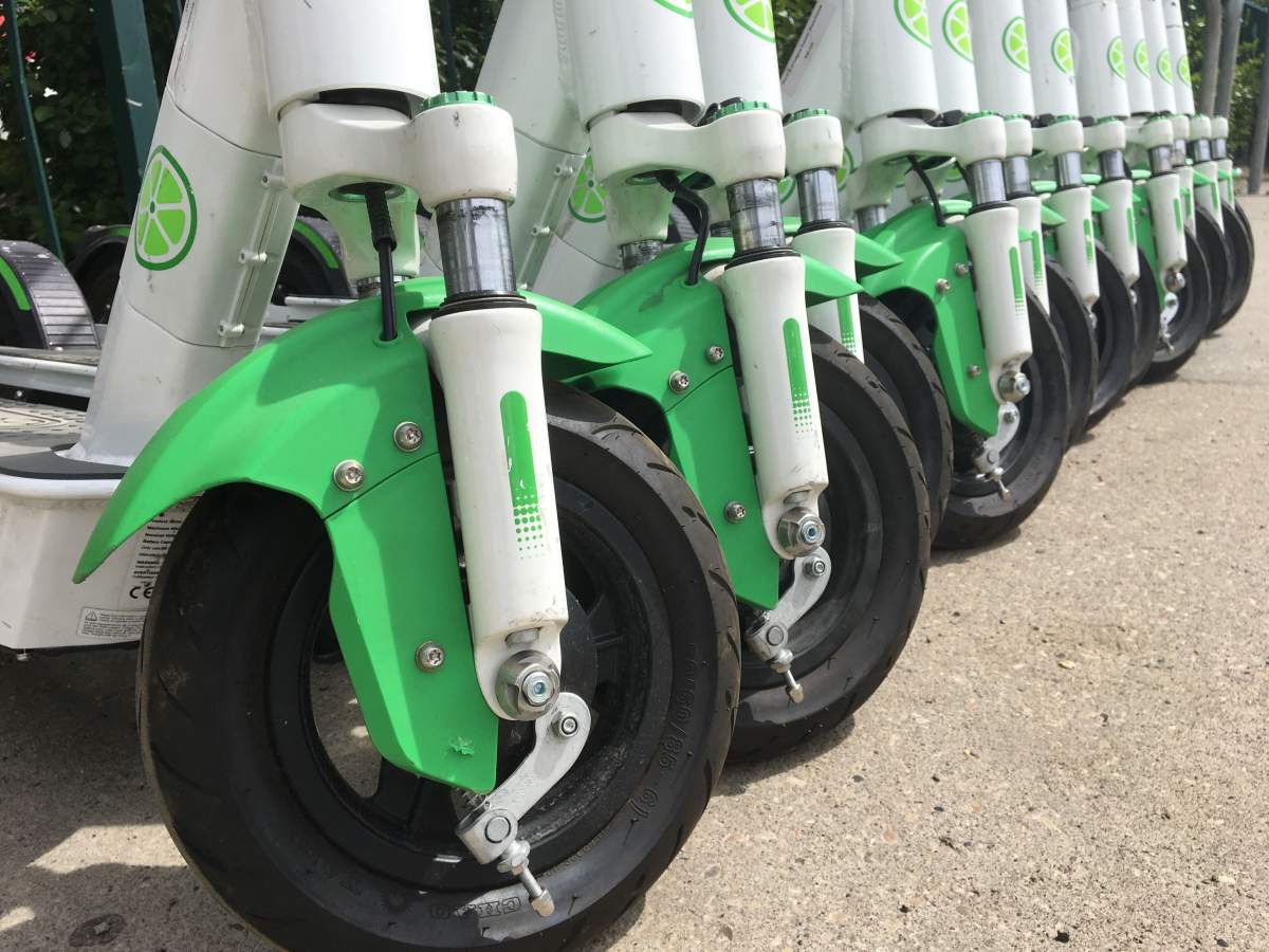 Lime electric scooters spotted on Whyte Avenue near 109 Street in Edmonton, Alta. on June 1, 2020.