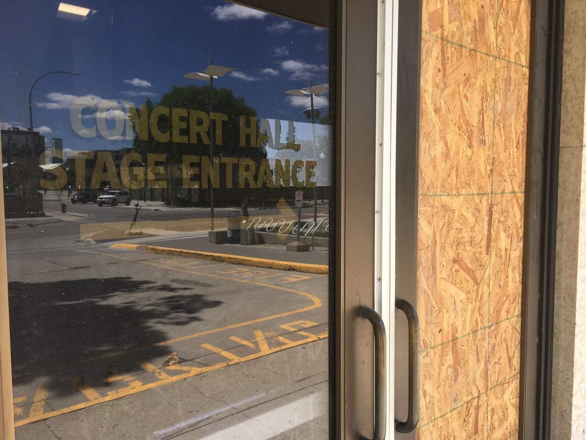 A damaged window at the Centennial Concert Hall on Friday, June 12, 2020.