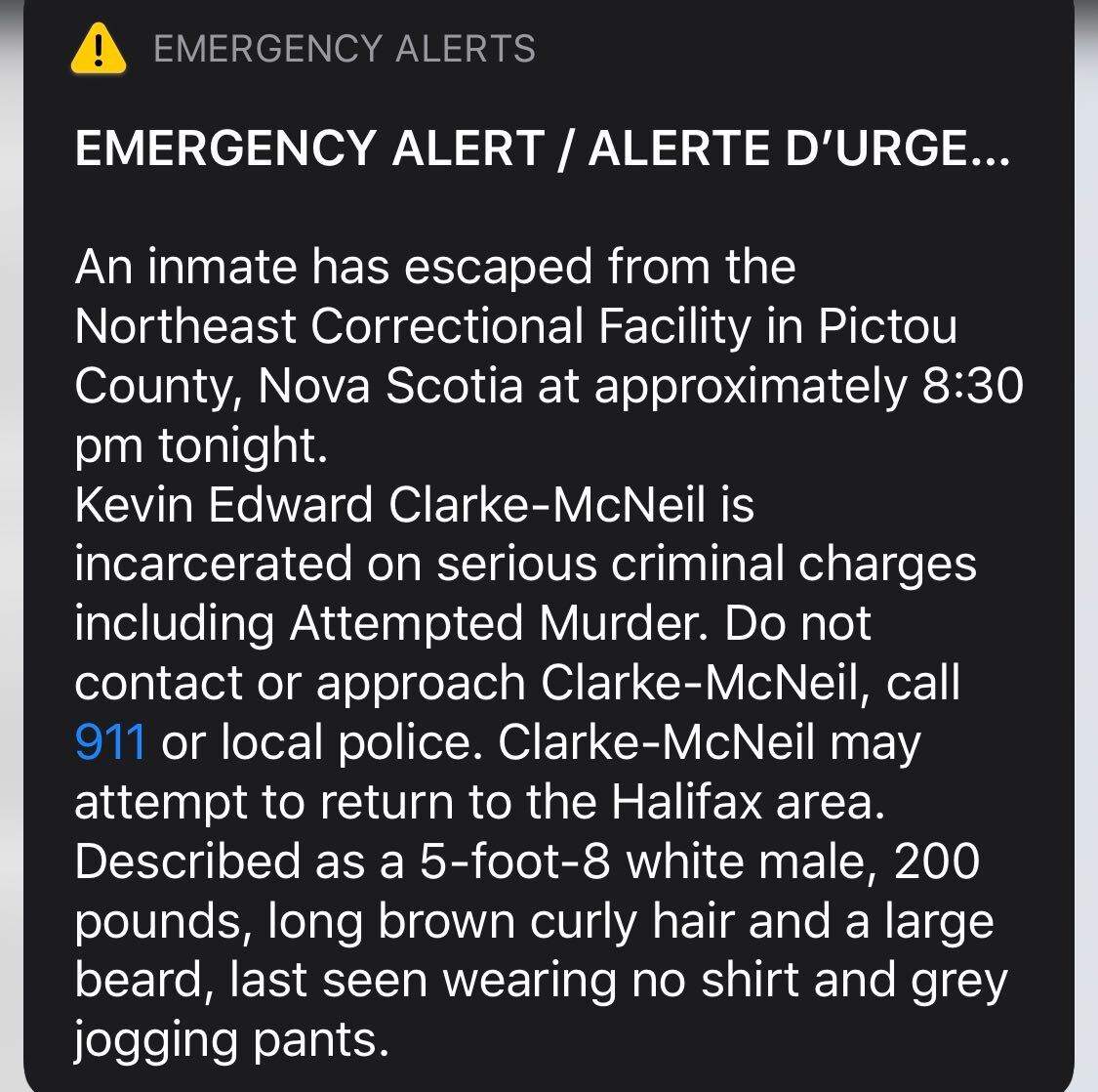A screenshot of an emergency alert sent to Nova Scotia residents on June 5, 2020.