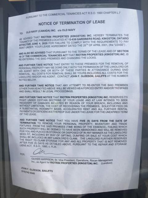 The Old Navy at Kingston\’s RioCan Centre has been served an eviction notice for non-payment of rent.