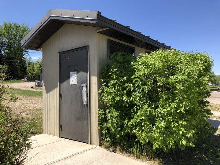 The province says this single-toilet bathroom near the Regina Beach Boat Launch will stay open 24 hours a day, seven days a week, and is receiving “enhanced cleaning” by park staff.