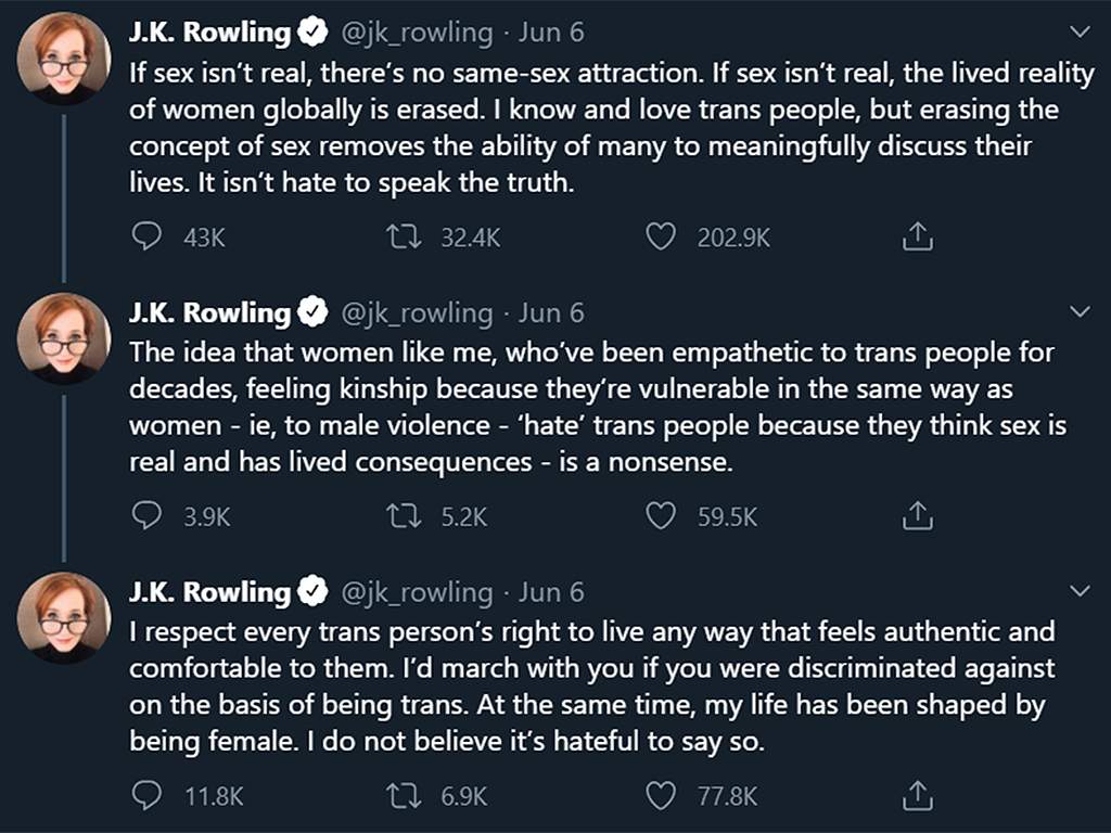 British author J.K. Rowling attempting to defend herself from the trans community on Twitter after facing major backlash by making supposedly “transphobic” comments. June 6, 2020.