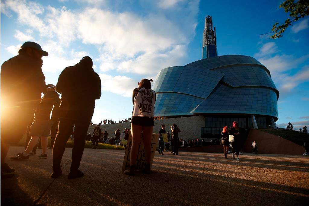 People gather in solidarity with the George Floyd protests across the United States at the Canadian Museum for Human Rights in June 2020.