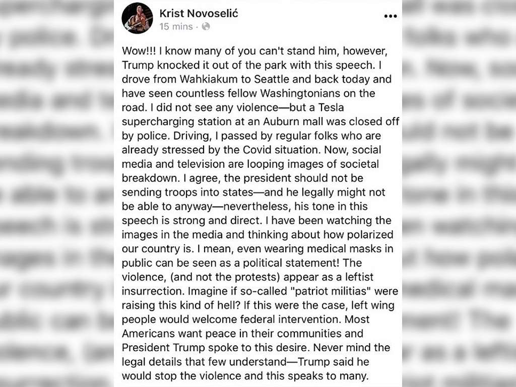 A since-deleted Facebook post made by former Nirvana bassist Krist Novoselic praising U.S. President Donald Trump for a “strong” and “direct” speech amid George Floyd protests.