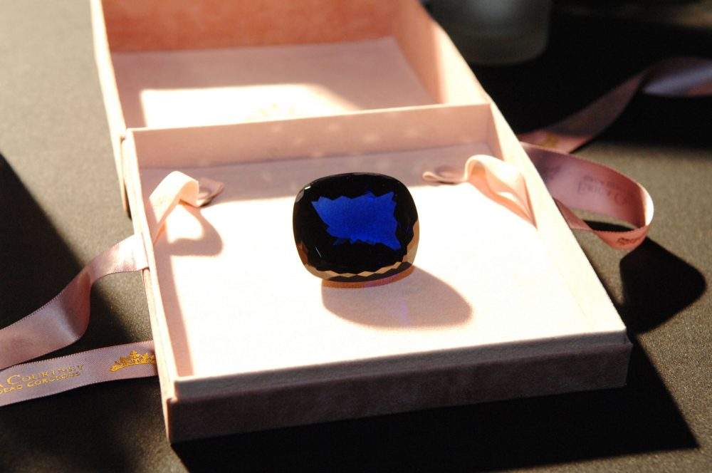 Detail View of the largest blue tanzanite in the world, weighing in at 525.5 karats, at the Erica Courtney Pre-Oscar Party on Feb. 11, 2009 at the W Hotel – Westwood in Los Angeles, Calif.