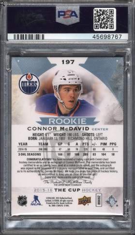 The back side of a 2015-16 Upper Deck The Cup Connor McDavid rookie patch hockey card that is set to sell for over $70,000 at auction.
