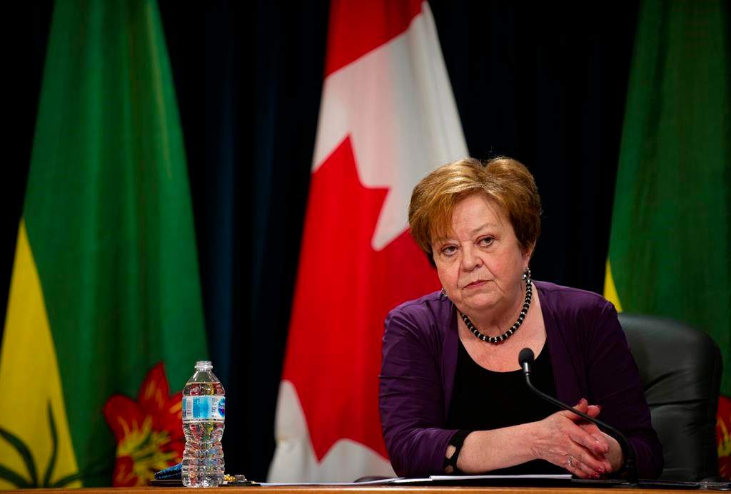 Saskatchewan Finance Minister Donna Harpauer takes questions from reporters before releasing the province's budget at Saskatchewan's Legislative Building in Regina on Monday, June 15, 2020. THE CANADIAN PRESS/Mark Taylor.