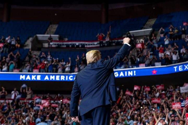 President Donald Trump arrives on stage to speak at a campaign rally at the BOK Center, Saturday, June 20, 2020, in Tulsa, Okla.