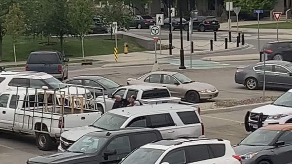 A still image from Tyson Gillies' video of an arrest that occurred in Kelowna, B.C. that has resulted in an RCMP officer being charged.