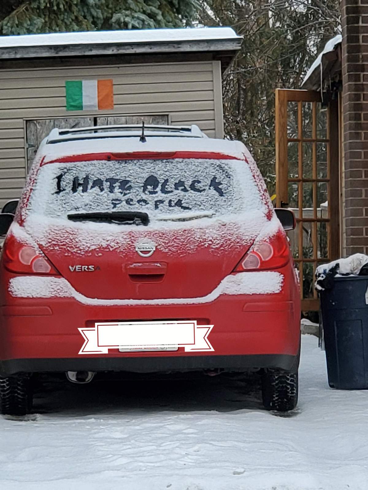 This picture taken by Joziah on February 2 shows “I hate Black People” written in snow on a red car which was reportedly parked across the street from his mother-in-law’s home.