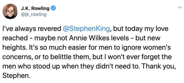 A since-deleted tweet about American novelist Stephen King, published by British author J.K. Rowling on June 28, 2020.