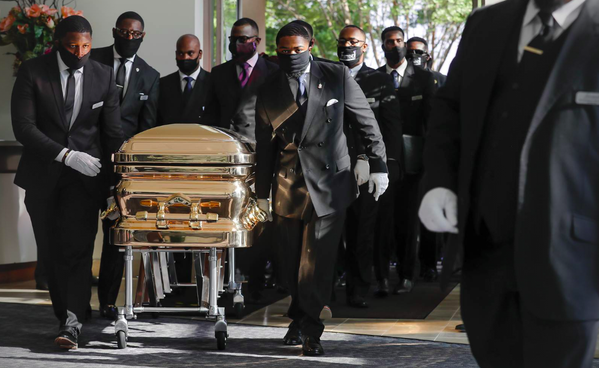 Pallbearers bring the coffin into The Fountain of Praise church in Houston for the funeral for George Floyd on Tuesday, June 9, 2020.