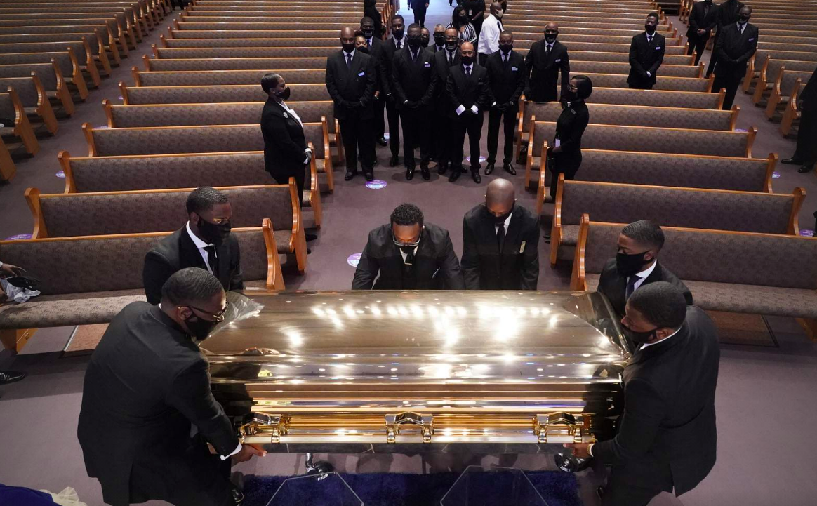 The casket of George Floyd is placed in the chapel during a funeral service for Floyd at the Fountain of Praise church, Tuesday, June 9, 2020, in Houston.