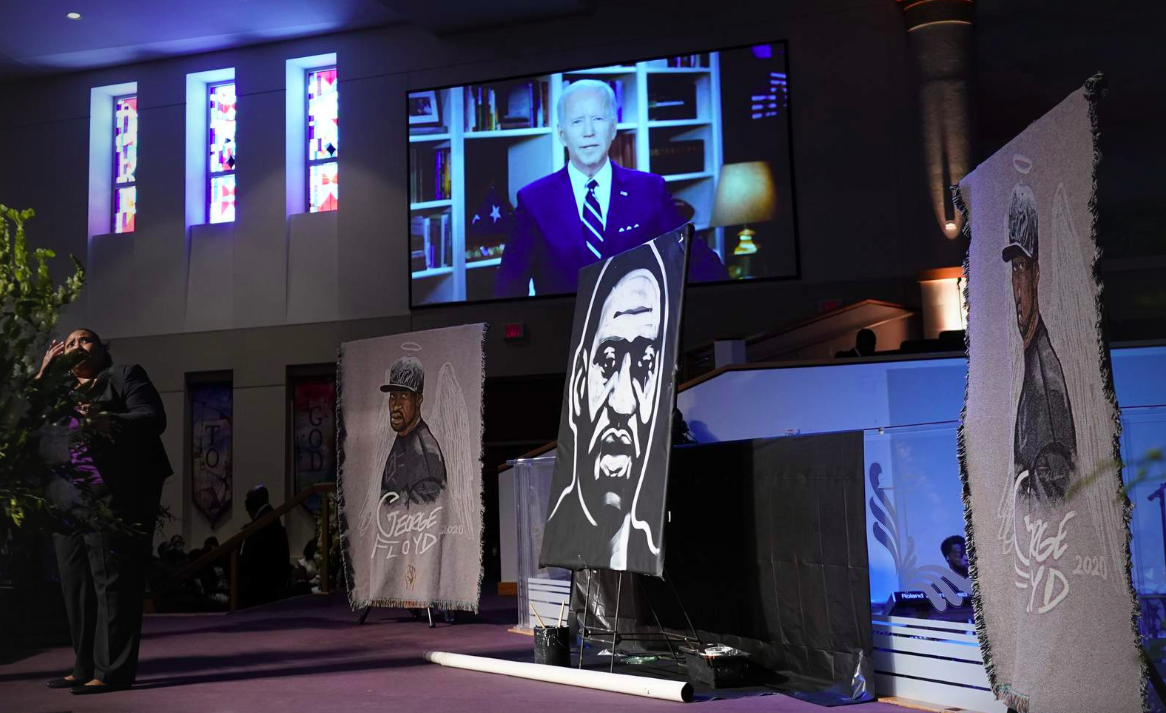 Democratic presidential candidate, former Vice President Joe Biden speaks via video link as family and guests attend the funeral service for George Floyd at The Fountain of Praise church Tuesday, June 9, 2020, in Houston.