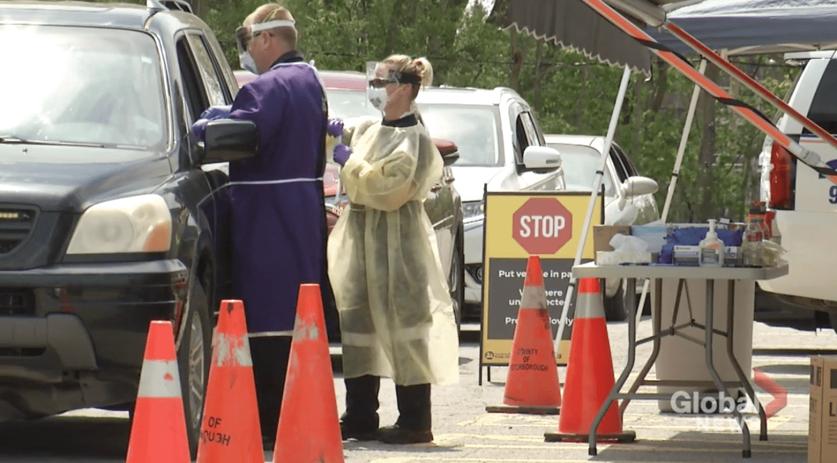 The drive-thru COVID-19 testing clinic at the Kinsmen Civic Centre in Peterborough, Ont.