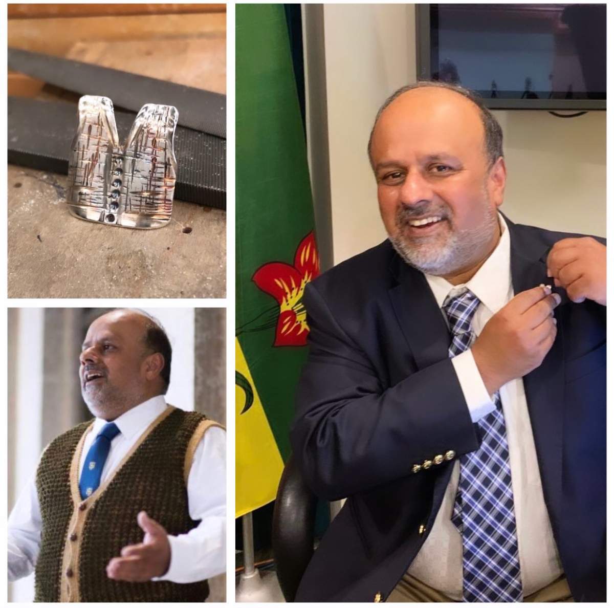 The silver knitted-vest pin made by Regina jeweler Megan Hazel is shown in the top left photo. It was designed after Shahab’s favourite sweater vest.