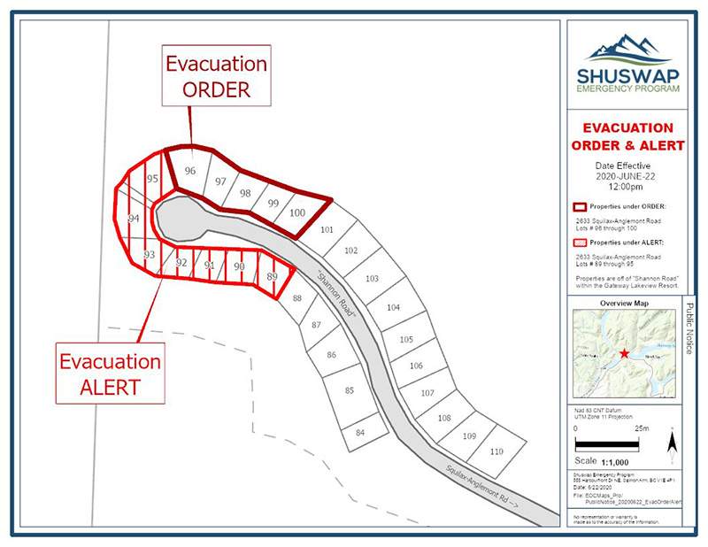 A map showing the properties under the evacuation order and alert.