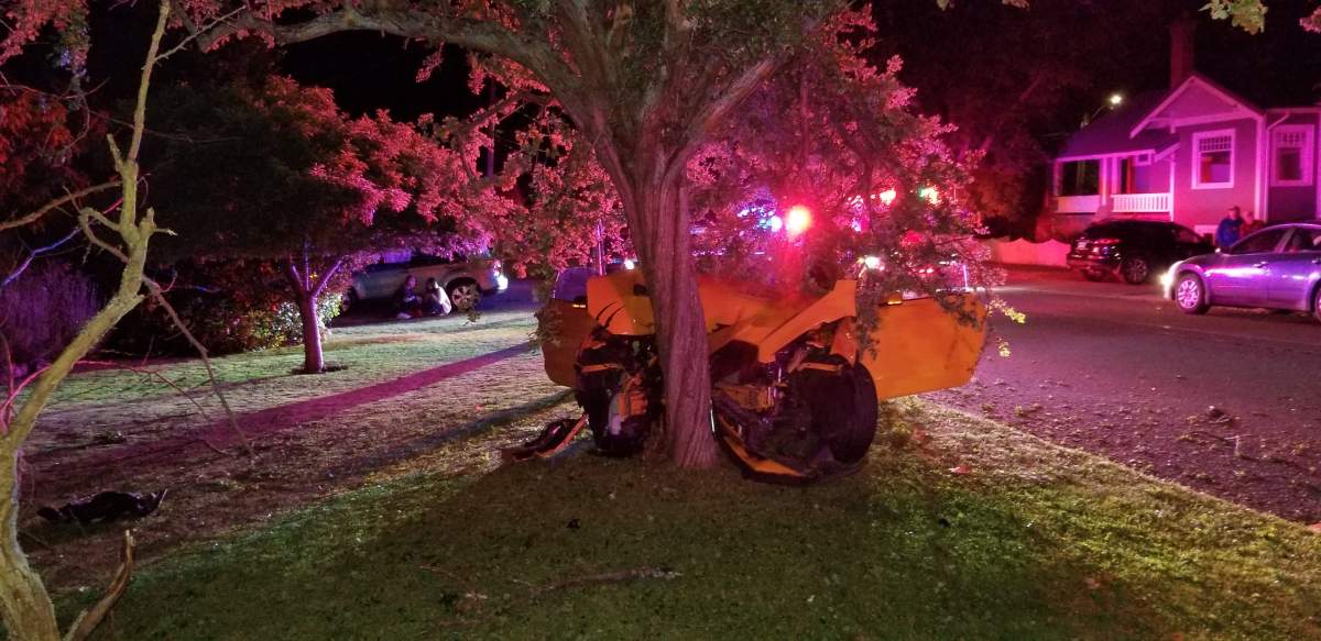 Investigators say the driver of this vehicle was handed five tickets and may face criminal charges after a crash in Oak Bay, B.C., on June 18, 2020.