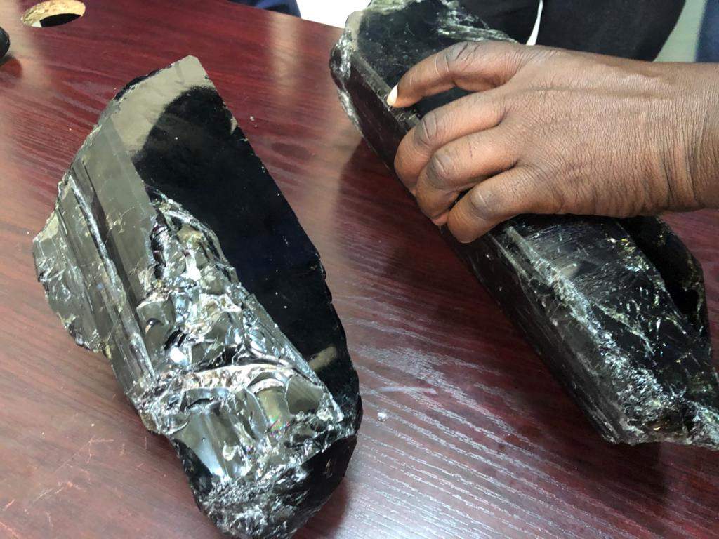 Two tanzanite gemstones – the largest ever found, according to the mines ministry – are pictured at a ceremony attended by senior government officials in Simanjiro district, northern Tanzania, June 24, 2020.