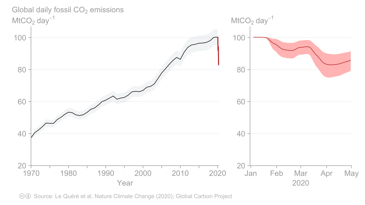 This line graph from the Global Carbon Project shows an unprecedented drop in CO2 emissions during the COVID-19 lockdown.