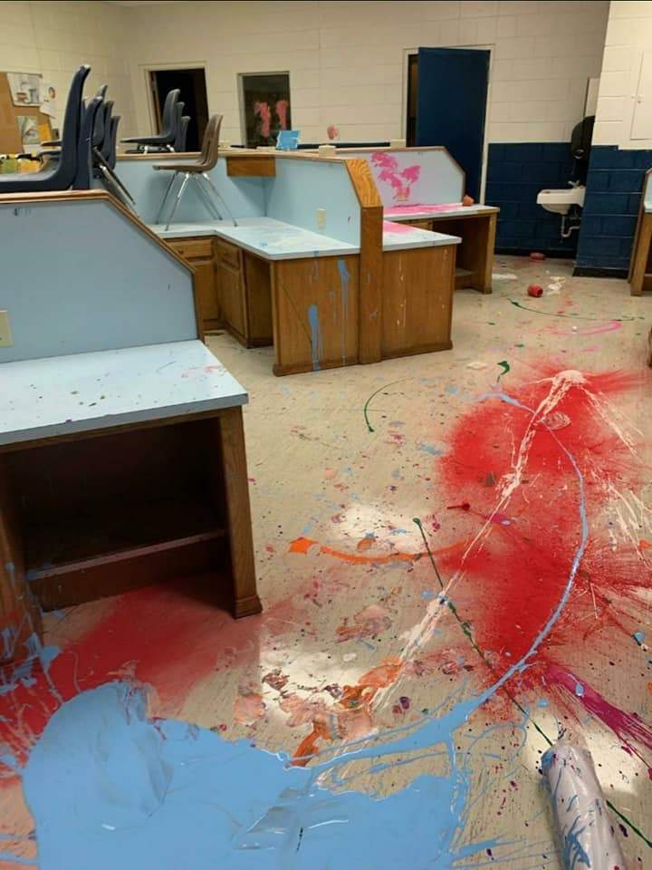 Pain spills are shown in a classroom at Altus Intermediate School in Oklahoma on June 8, 2020.
